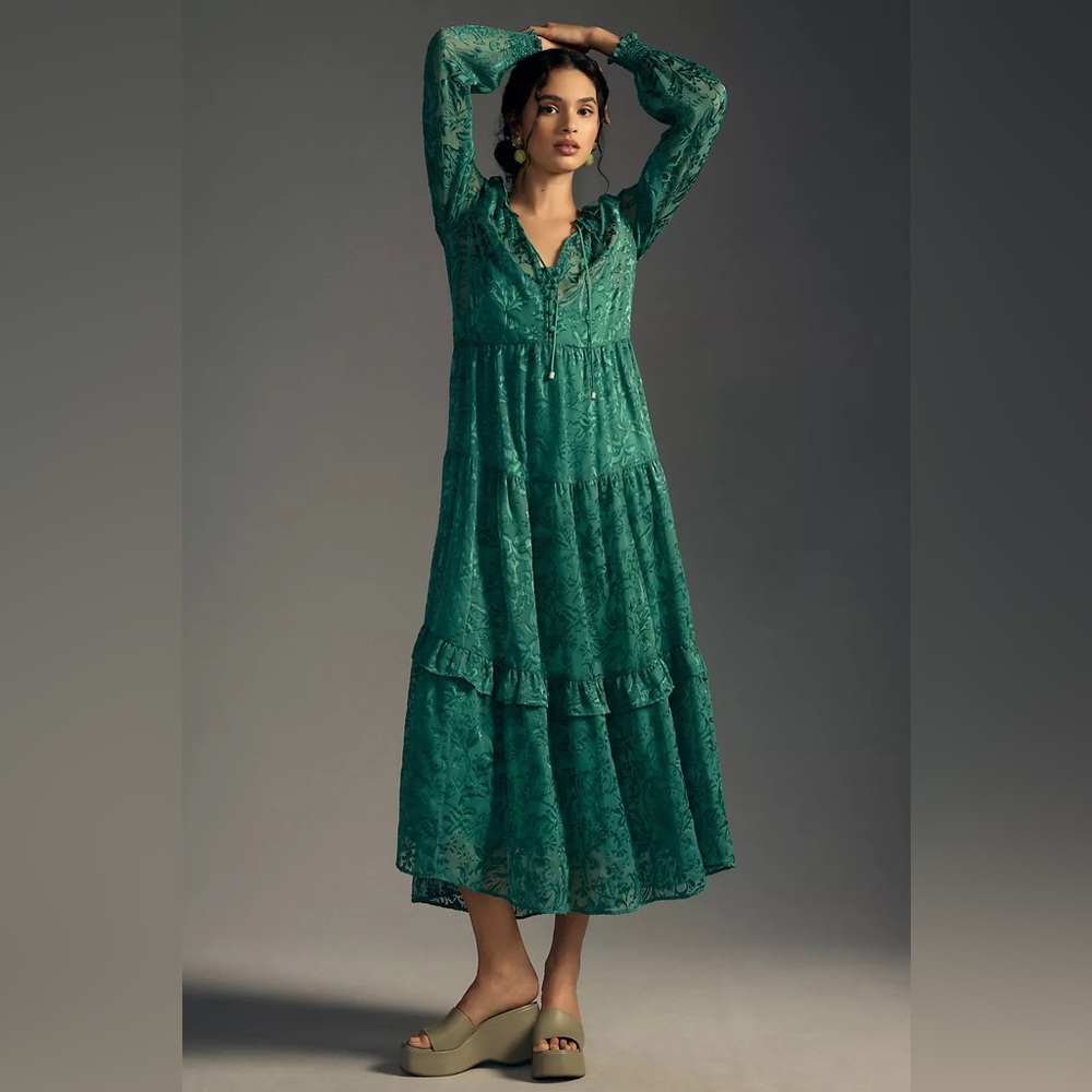 NWT Anthropologie Marais Maxi Dress: Satin-Burnout Emerald Green XS